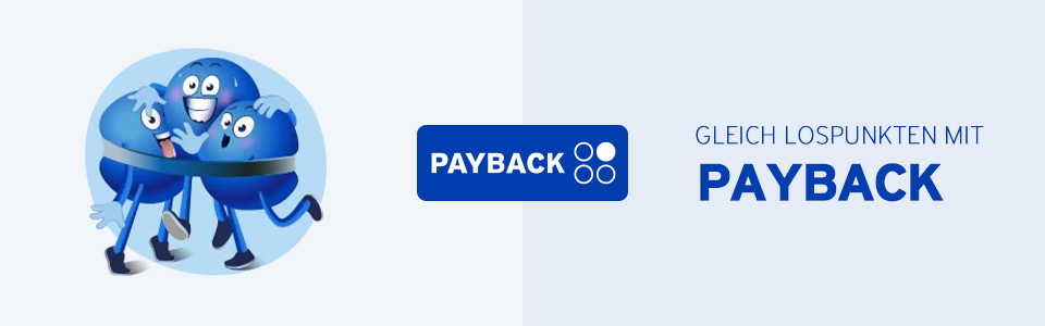 Payback-Maskottchen rennen freudig auf das Payback-Logo zu. Textinhalt: Gleich lospunkten mit Payback