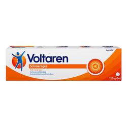 Eine Tube Voltaren Schmerzgel mit orangem und blauem Design.