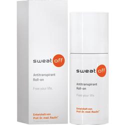 Ein weißer Roll-on-Antitranspirant von "sweat off" neben seiner Verpackung.