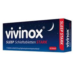 Packung mit Schlafmitteln namens Vivinox Sleep Stark, 20 Tabletten, blauer Hintergrund.