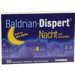 Blau-gelbe Verpackung von Baldrian-Dispert Nacht mit 50 Tabletten zum Einschlafen.