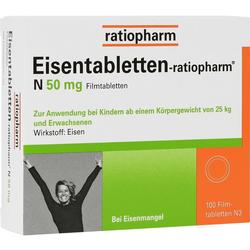 Verpackung von Eisentabletten für Kinder ab 25 kg und Erwachsene bei Eisenmangel.