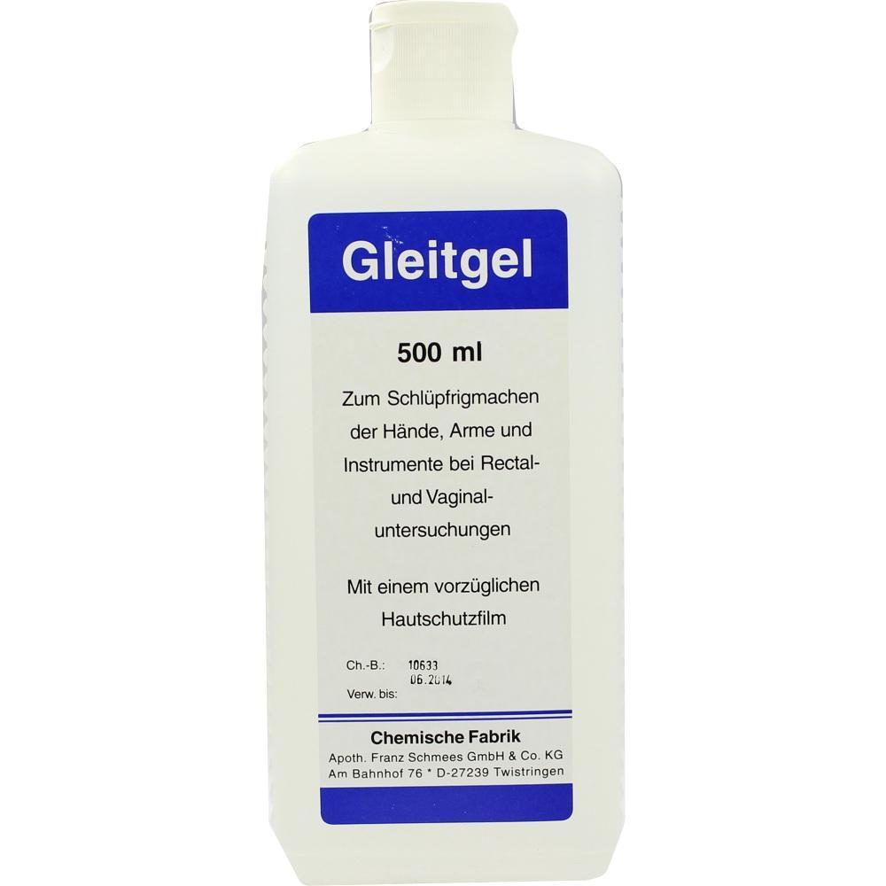 Eine Flasche Gleitgel für medizinische Untersuchungen mit blau-weißem Etikett.